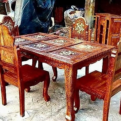 Inlay-Top Carved Dining Set